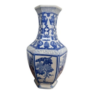 Vintage 15″ Blue & White Ceramic Vase, Hexagonal Shape, Hand‑Painted Floral Design For Sale