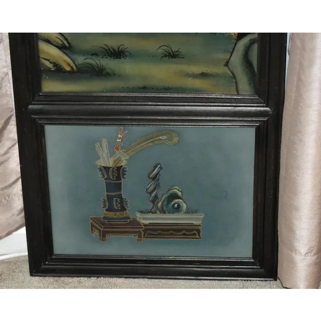 1910s Antique Wall Plaque Chinese Reverse Painted Glass 3 Section Panel Black Frame For Sale - Image 5 of 10