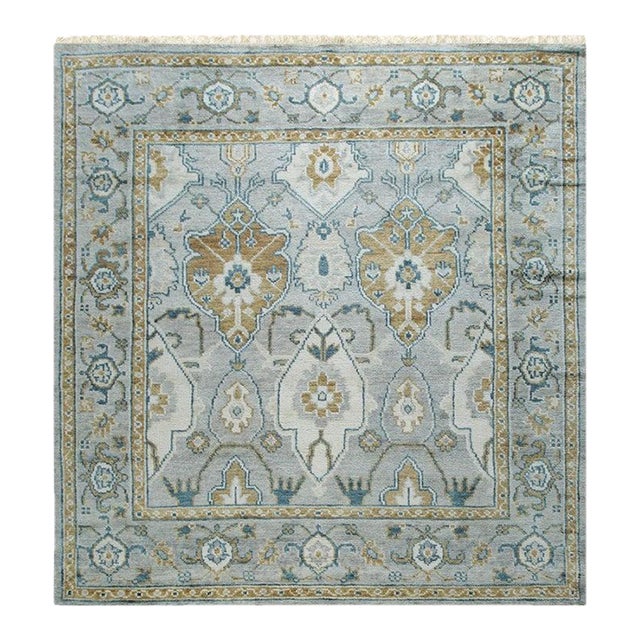 8x8 Gray Hand-Knotted Wool Framed Rosettes Geometric Modern Carpet Rug For Sale