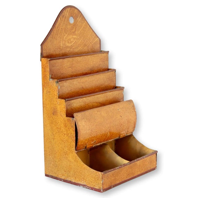 Farmhouse Antique Toleware Organizer W/Faux Wood Finish For Sale - Image 3 of 5