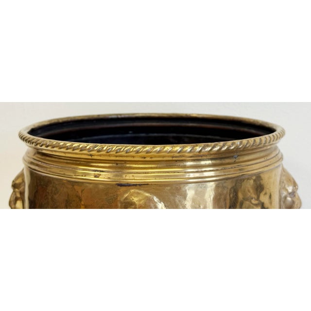 Antique Hammered Brass Planter Cachepot W/ Lion Head Handles For Sale In Kansas City - Image 6 of 9