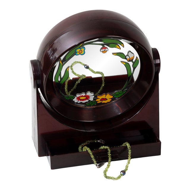1970s Painted Mirror With Jewelry Drawer and Music Box For Sale