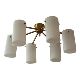 Mid-Century Modern Swedish Semi Flush Mount Chandelier in Brass and Opaline Glass by Gert Nystrom for Fagerhult and Orrefors, 1960 For Sale