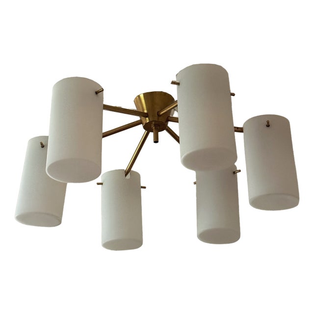 Mid-Century Modern Swedish Semi Flush Mount Chandelier in Brass and Opaline Glass by Gert Nystrom for Fagerhult and Orrefors, 1960 For Sale