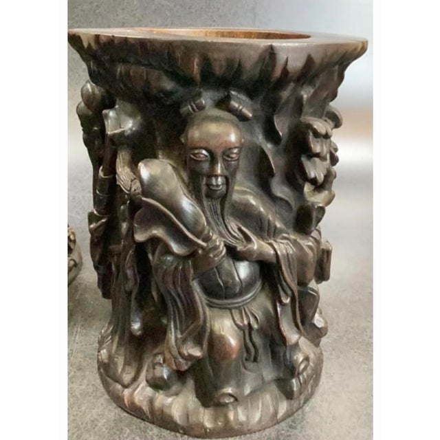 Chinese Pair of Antique Chinese Hand-Carved Wooden Brush Pots For Sale - Image 3 of 6