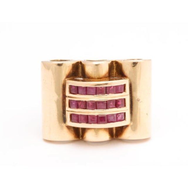 Italian 14kt Rose Gold Retro Ring Ca. 1940. Sculptural Ring with 18 European cut Ruby baguettes - channel set with 2...