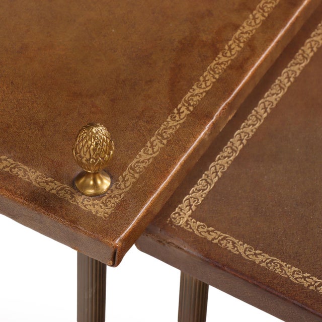 Maison Jansen Set of 3 French Brass and Leather Nesting Tables in the Manner of Maison Jansen, C. 1960 For Sale - Image 4 of 6