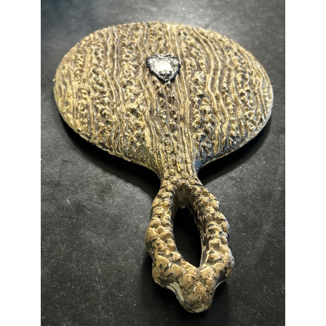 Antique Faux Antler Wood and Sterling Emblem, Beveled Hand Held Mirror. C 1900-1920, European. Excellent Condition 10"...