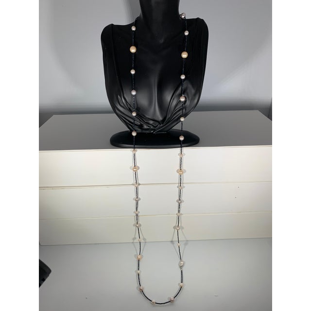 Fresh Water Pearl Single Strand Necklace with Black Spinel Opera Length 46 Inch For Sale - Image 16 of 18