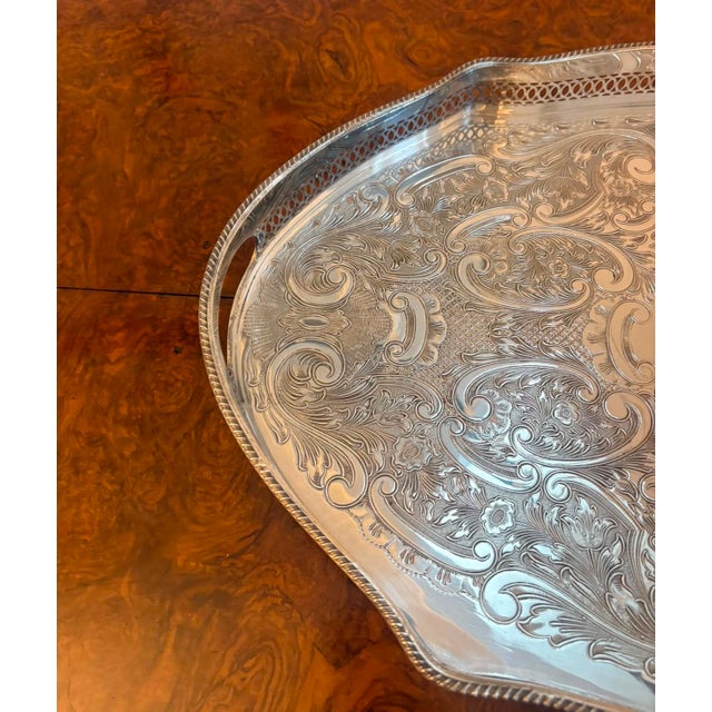 Antique Edwardian Silver-Plated Engraved Tea Tray with Pierced Gallery, 1900 For Sale - Image 7 of 15