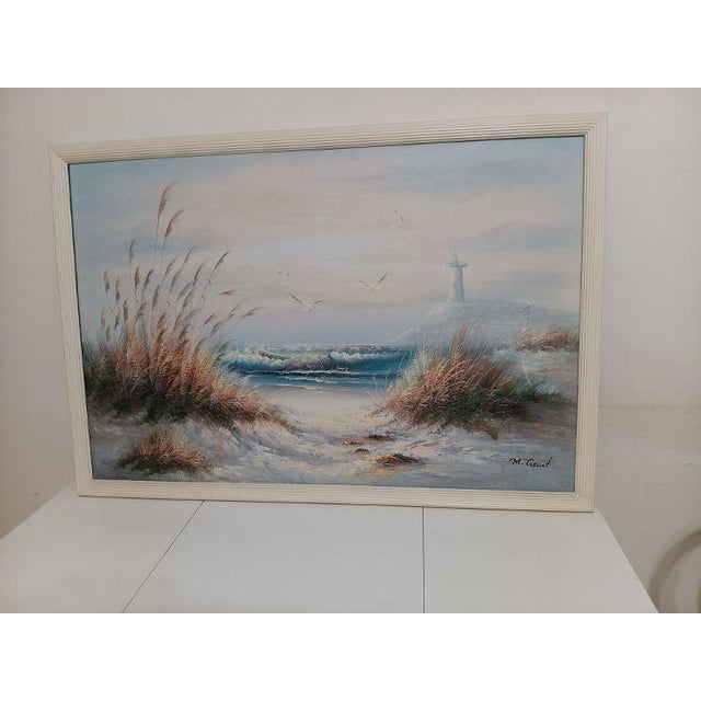 1980s Framed Vintage Seascape Oil Painting on Canvas Lighthouse Sand Dunes by M Grant For Sale - Image 5 of 7