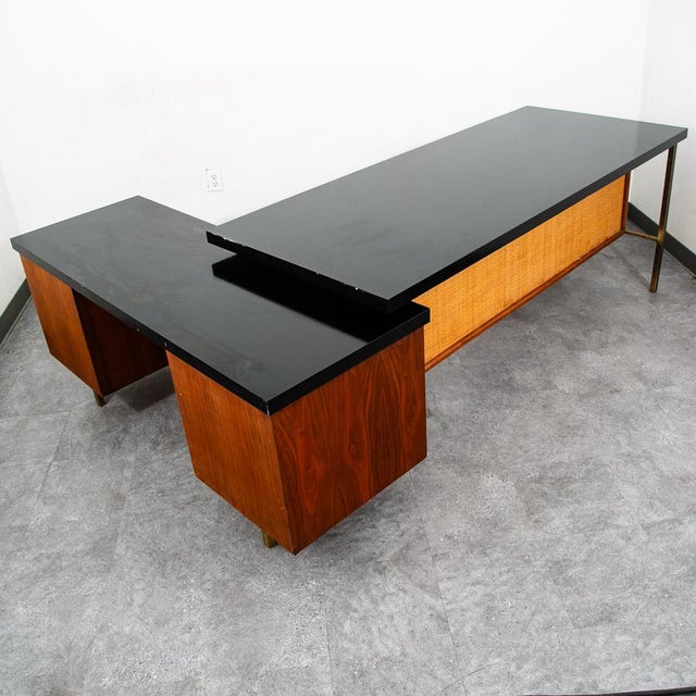 Mid Century Modern Desk Executive L Shaped Cane Walnut Large Black File Drawers For Sale - Image 12 of 12