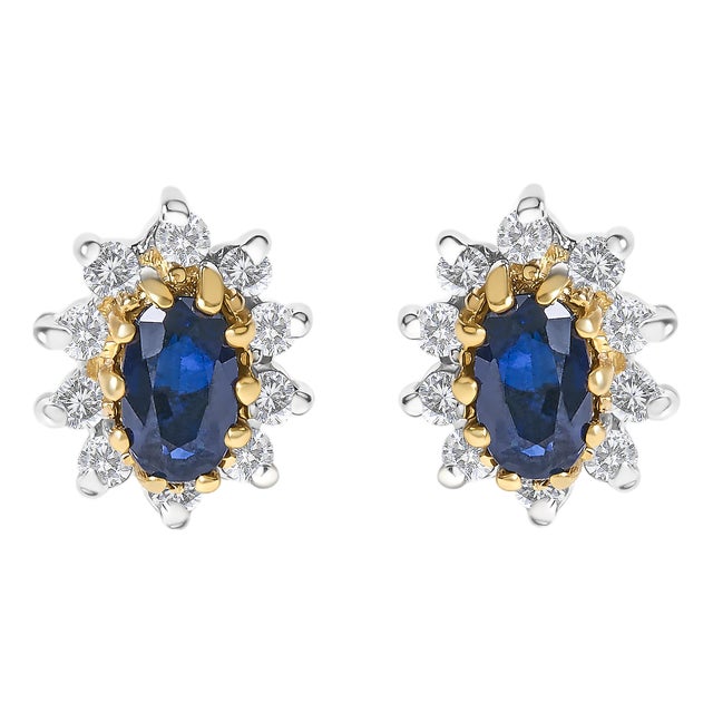 14K Yellow Gold 1/4 Cttw Diamond and Blue Sapphire Sunburst Halo Stud Earrings (K-L Color, I1-I2 Clarity) For Sale