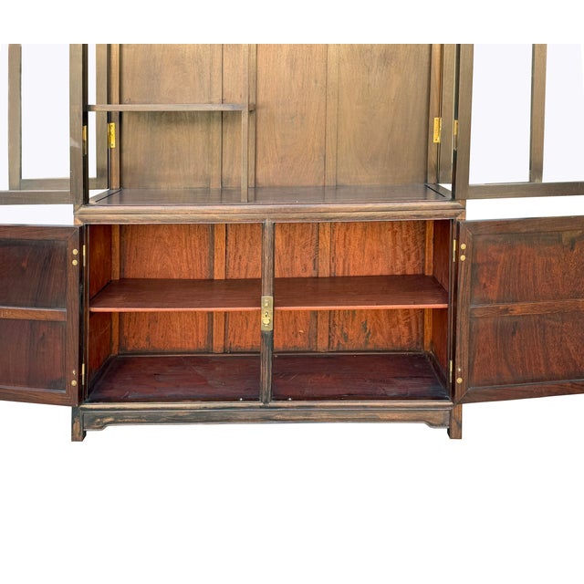 Vintage Dark Brown Oriental Treasure Glass Doors Display Curio Stack Cabinet For Sale - Image 11 of 12