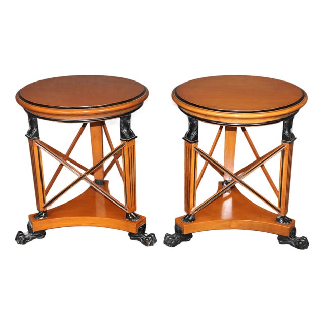 Pair of Egyptian Revival French Empire Ebonized Birch Figural End Tables For Sale