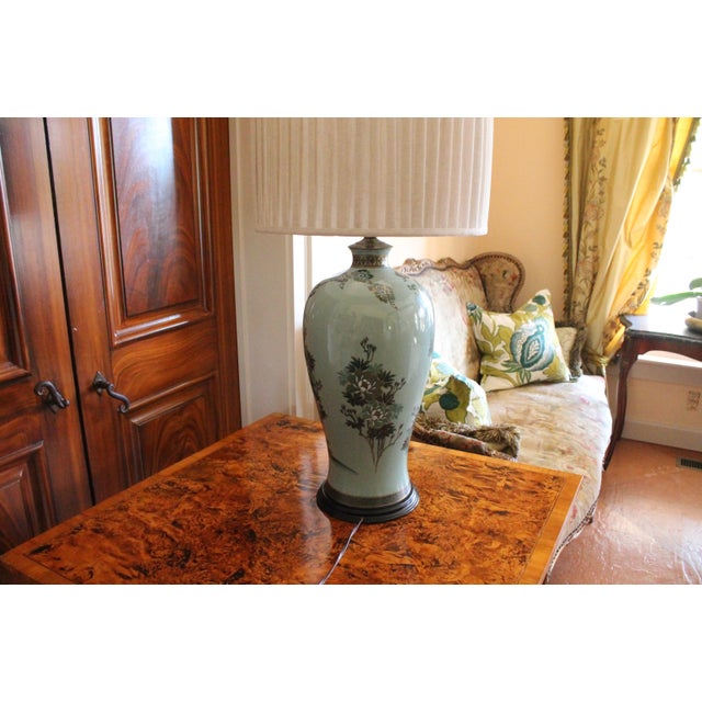 Large Japanese Celadon Blue and Gilt Peacock Vase Adapted Into a Lamp For Sale - Image 13 of 16