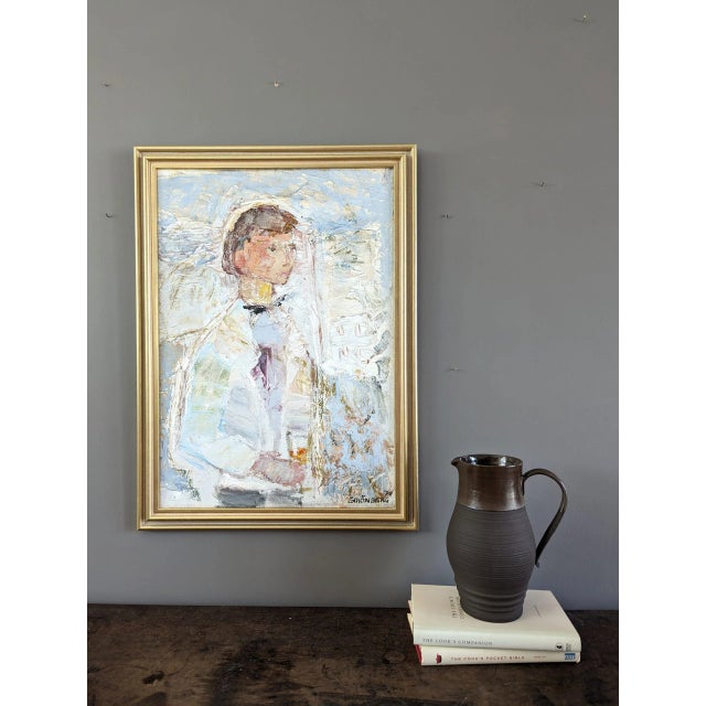Mid-Century Modern 1976 Mid-Century Modern "At Your Service" Vintage Figurative Oil Painting, Framed For Sale - Image 3 of 12
