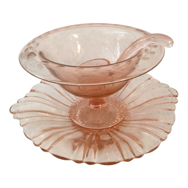 Anchor Hocking Pink Relish Dish W/ Ladle and Plate 3 Piece Set Chairish