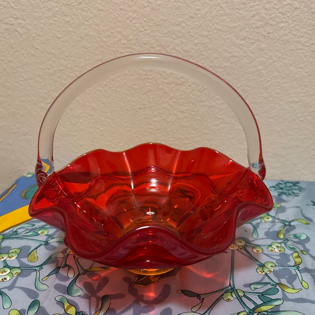 1960s 1960s Mid-Century Modern Viking Epic Ruby Red Persimmon Glass Basket Candy Dish For Sale - Image 5 of 8