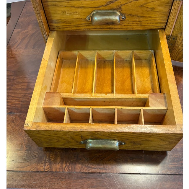 Wood 1950s Vintage Oak Post Office Locking Employees Cash & Stamp Box by National Cabinet Co. For Sale - Image 7 of 12