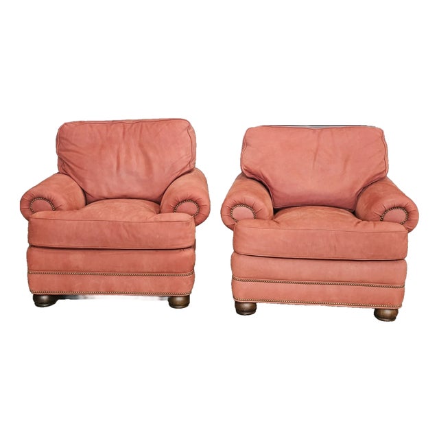 Late 20th Century Pair Hancock & Moore Red Suede Leather Armchairs Club Chairs Nailhead Trim For Sale