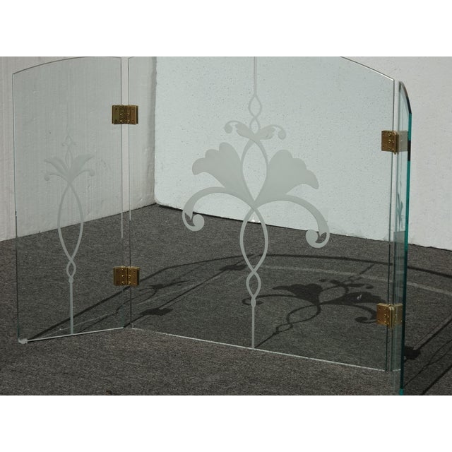 Metal Fireplace Screen With Three Panel Floral Etched Glass and Brass Hinges For Sale - Image 7 of 18