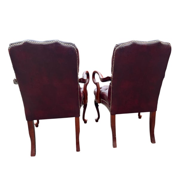 Late 20th Century Pair Red Chesterfield Tufted Leather Gooseneck Library Armchairs For Sale - Image 4 of 15