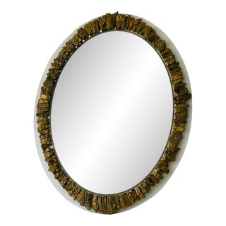 1990s Organic Modern Mirror Line Vautrin Style Agate Encrusted Gold Oval Mirror For Sale