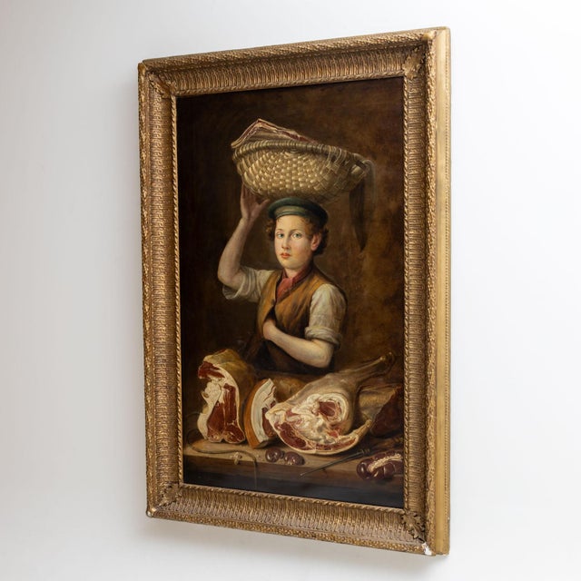 Depiction of a butcher's apprentice against an undefined brown background. He is balancing a large wicker basket filled...