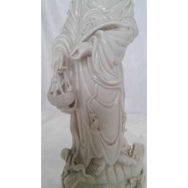 Eggshell Vintage Dehua Blanc De Chine Porcelain Fish Basket Guanyin Statue For Sale - Image 8 of 8