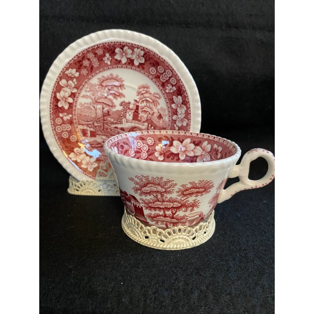 Rare Find; Spode “Pink Tower” Design English Transferware Tea Cup & Saucer Set for 4(8 Pcs)Charming Ring Shaped Handles on Tea Cups. For Sale In Providence - Image 6 of 12