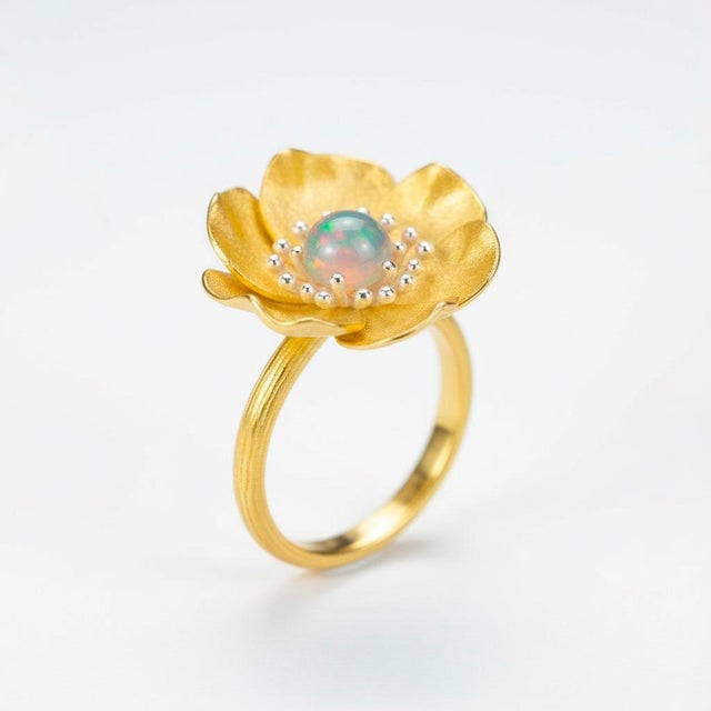 Peony Flower Ring With Opal, Size 8 For Sale - Image 4 of 9