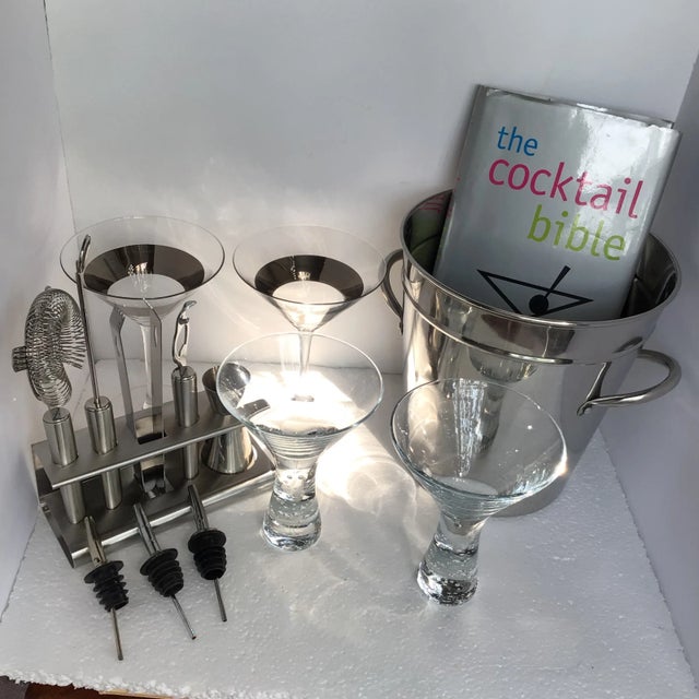 Vintage Martini Mixing Set With Cocktail Book, Tools, 4 Glasses, Ice Bucket and 3 Pour Spouts - Set of 15 For Sale - Image 13 of 13