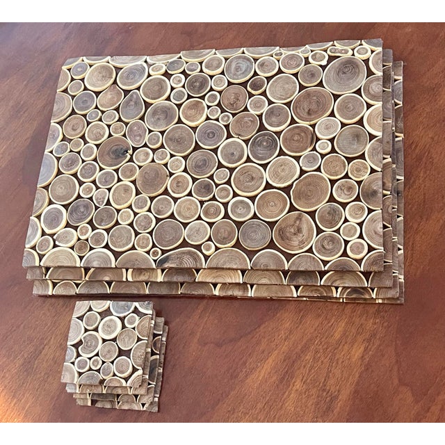 Wood 1990s Wood Placemats Tree Rings on Felt Set of 4 Large Mats + 4 Coasters For Sale - Image 7 of 10