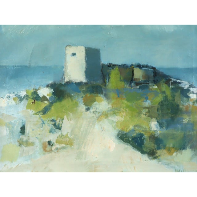 Mid-Century Modern 'Outpost by the Sea' Vintage Original Landscape Oil Painting, Framed For Sale - Image 9 of 10