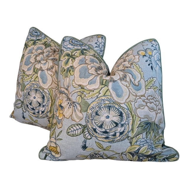 Thibaut Peony Garden Pillows in Spa Blue - Pair For Sale
