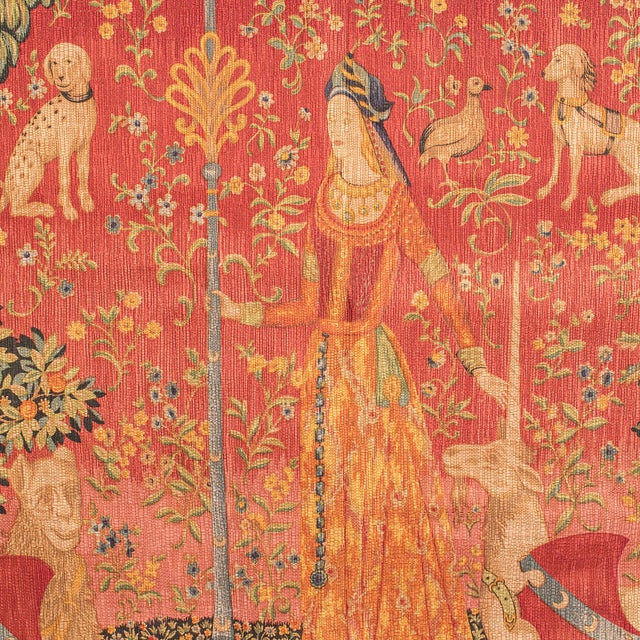 Large Vintage Wall Tapestry, Belgian, Needlepoint, Lady & the Unicorn, Woven Art For Sale - Image 4 of 11