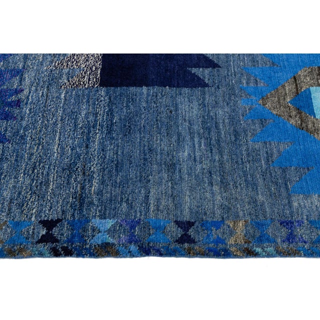 Modern Abstract Baluch Style Blue Wool Area Rug – Geometric Tribal Design 6x8 For Sale - Image 11 of 11
