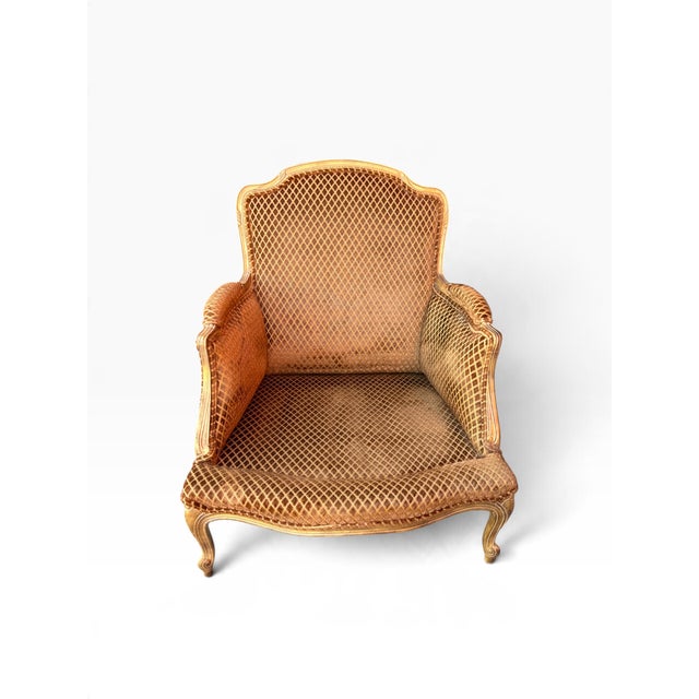 Gold Custom-Made Louis XV–Style Giltwood Bergère Chairs in Diamond-Patterned Velvet (A Pair) For Sale - Image 8 of 14