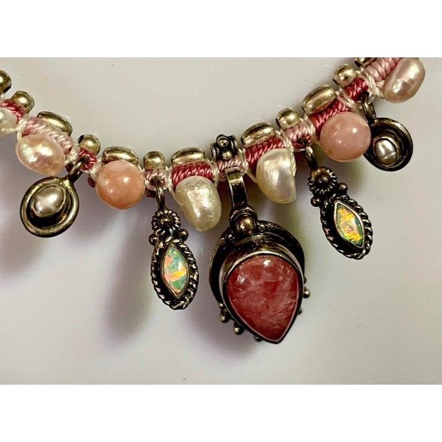 1980s 1980s Australian Rainbow Opal, Pearl and Rhodonite in Thick Sterling Silver Cabochons on Knotted Silk Chord. For Sale - Image 5 of 8