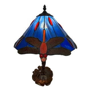Dragonfly Stain Glass Shade Table Lamp For Sale