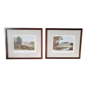 Framed Lithograph Reproduction Prints of Woburn Abbey and Eden Hall, a Set