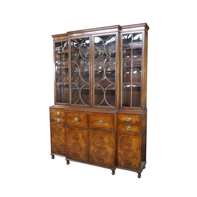 Mid-Century Modern Mid Century Baker Georgian Mahogany Breakfront Bookcase Cabinet Bubble Glass, Attributed For Sale - Image 3 of 18