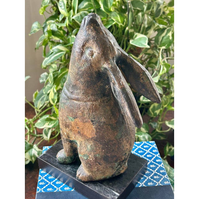 Japanese Mid-Century Japanese Cast Iron Rabbit Okimono Sculpture With Verdigris Patina on Display Base For Sale - Image 3 of 10