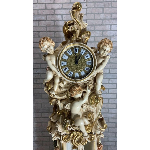 Vintage Italian Rococo Carved and Painted Cherub/Angel Grandfathers Clock For Sale - Image 4 of 12