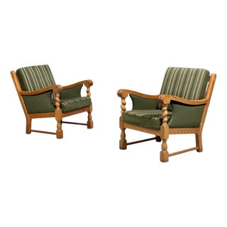 Henning Kjaernulf Style, Lounge Chairs, Oak, Fabric, Denmark, 1970s For Sale