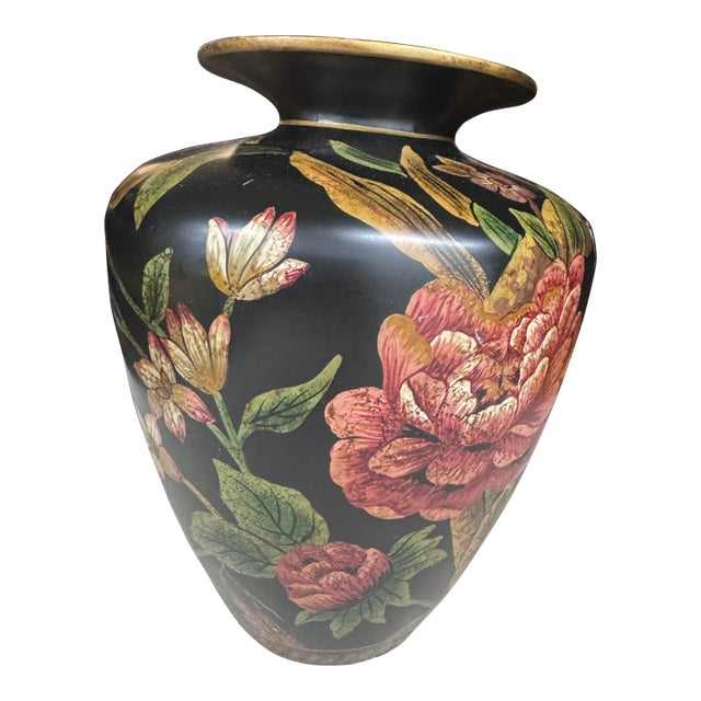 A Floral Vase Black Gold Trim Accents Home Decor Collectable For Sale