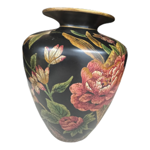 A Floral Vase Black Gold Trim Accents Home Decor Collectable
