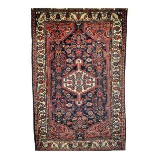Vintage Bakhtiari Rug, Handwoven Wool, Floral Pattern, Navy & Ivory, 5x7 For Sale
