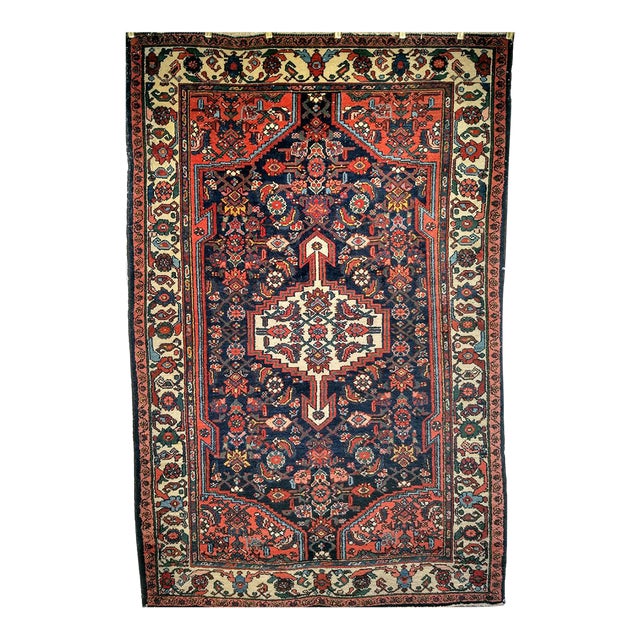 Vintage Persian Bakhtiari Rug, Handwoven Wool, Floral Pattern, Navy & Ivory, 5x7 For Sale